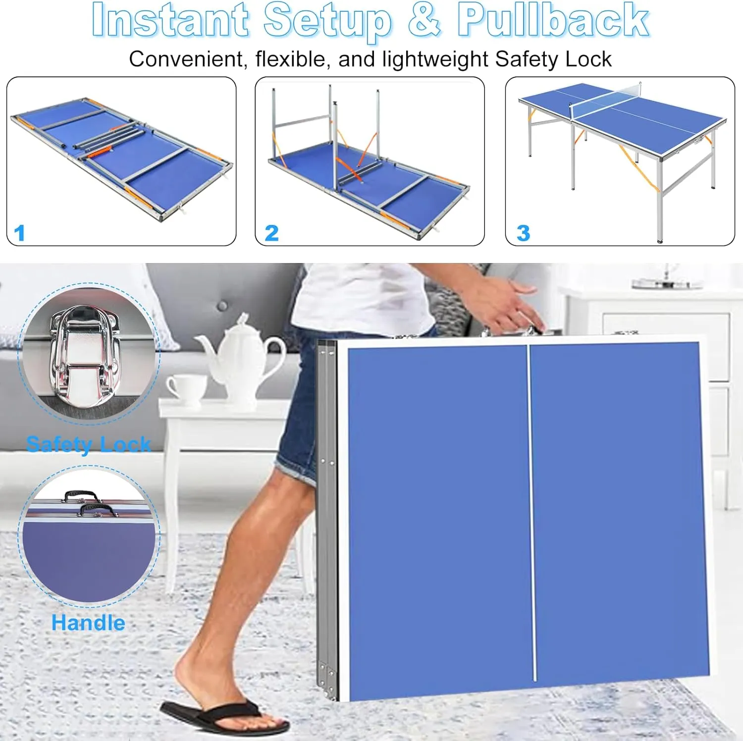 BOSTANA Ping Pong Table, Portable Foldable Ping Pong Table with 1 Net 2 Paddles 3 Balls, Table Tennis Table for Indoor Outdoor Game
