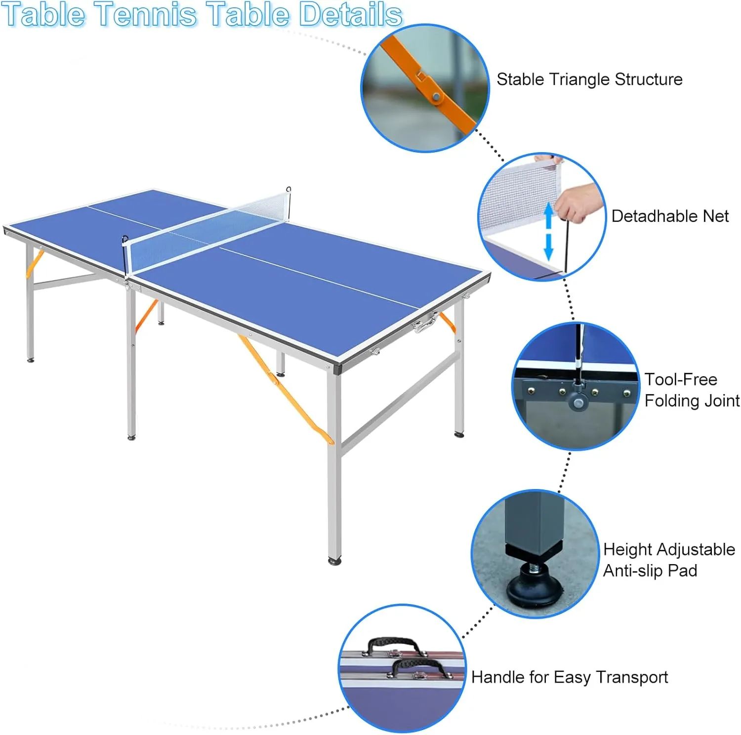 BOSTANA Ping Pong Table, Portable Foldable Ping Pong Table with 1 Net 2 Paddles 3 Balls, Table Tennis Table for Indoor Outdoor Game