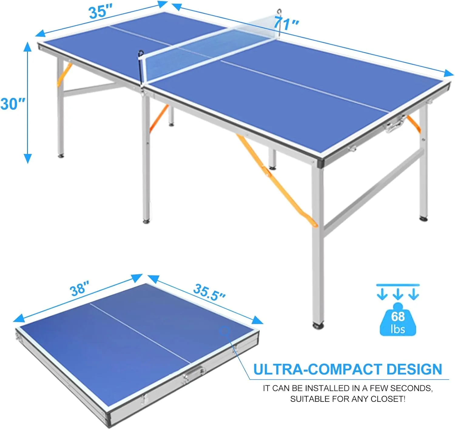BOSTANA Ping Pong Table, Portable Foldable Ping Pong Table with 1 Net 2 Paddles 3 Balls, Table Tennis Table for Indoor Outdoor Game