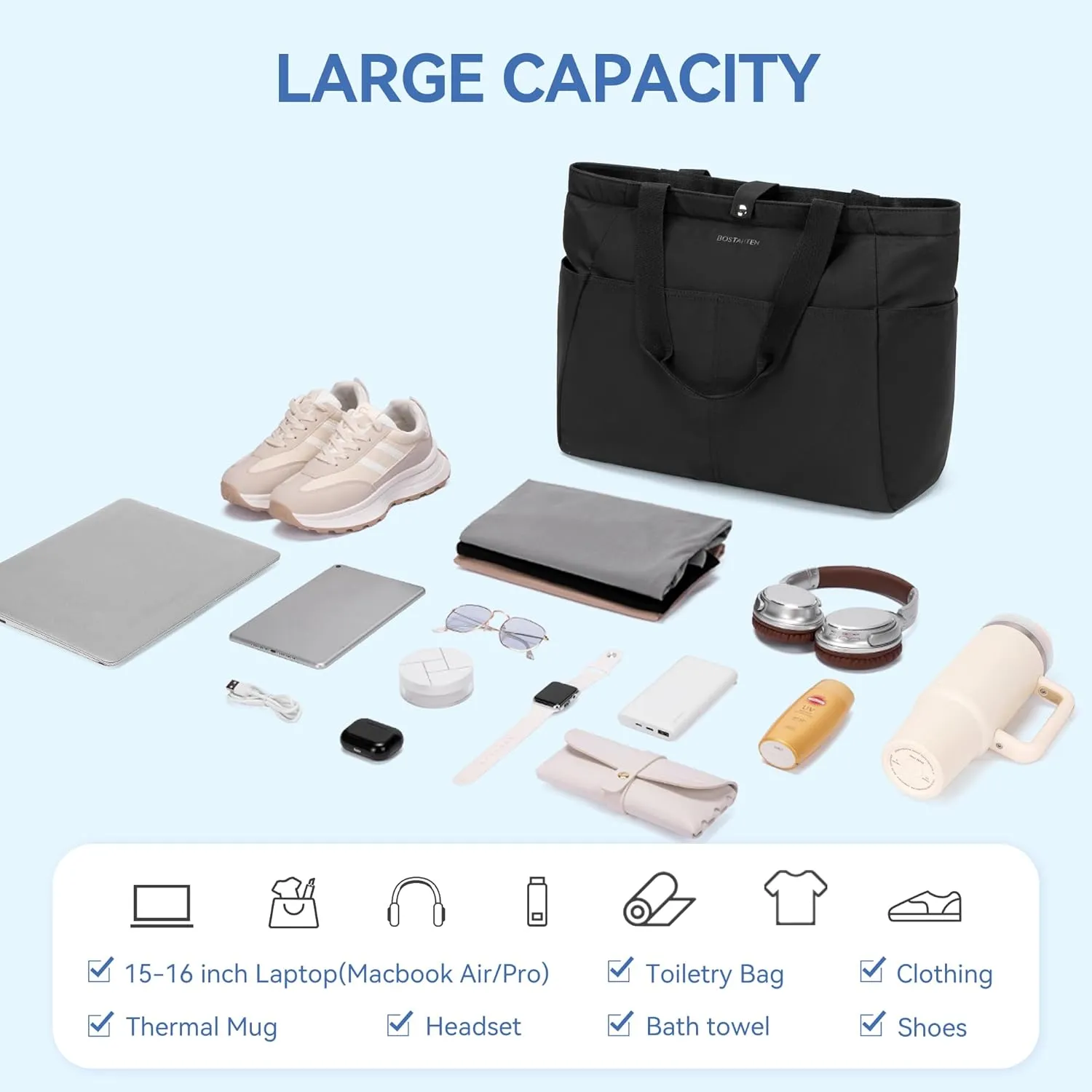 BOSTANTEN Travel Tote Bags for Women Foldable Beach Bag Waterproof Zipper Gym Sports Shopping Bag Trolley Sleeve