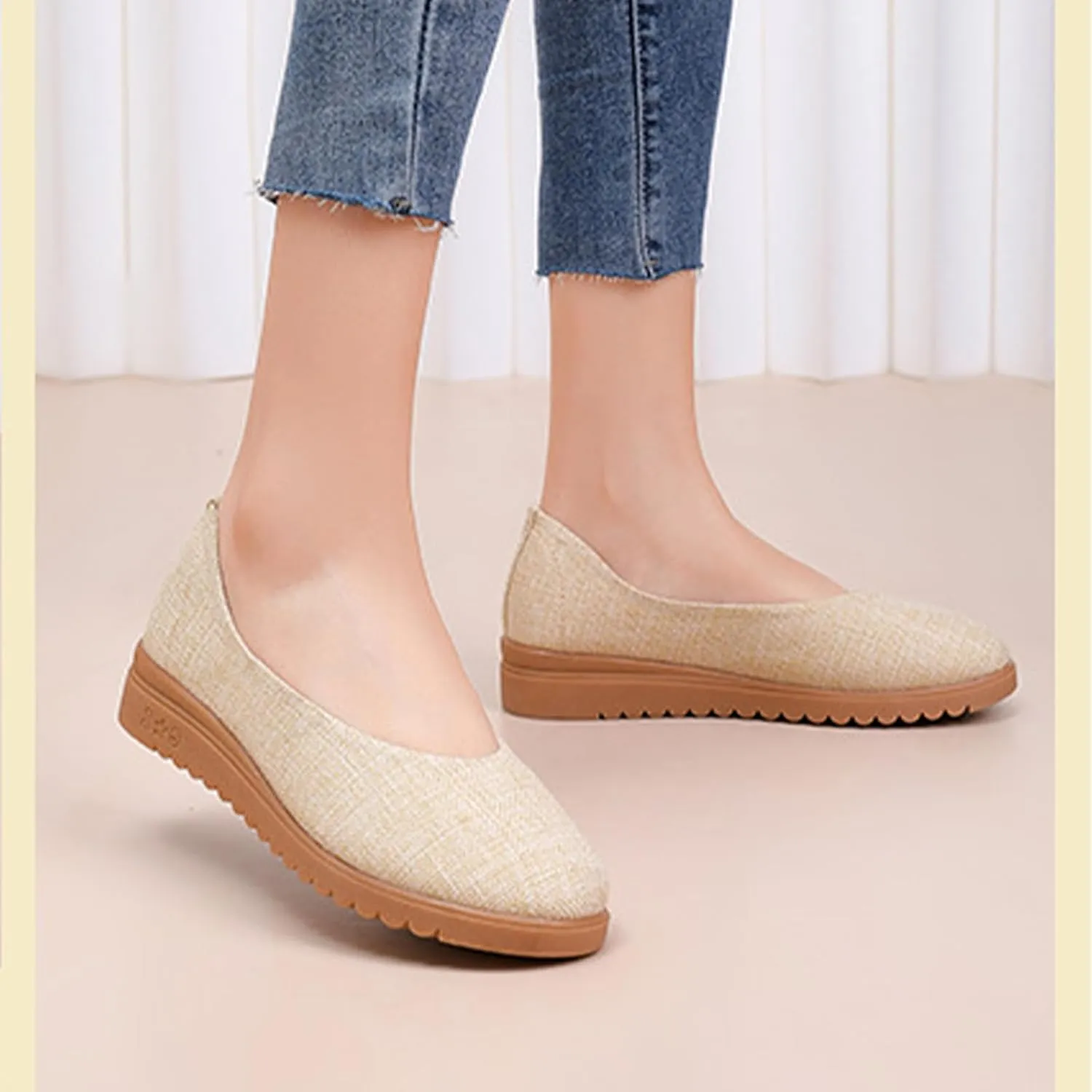 Breathable Women's Soft Elegant Linen Shoes, Lovely Wedges Casual Footwear, Comfortable Slip On Light Cloth Shoes,6,Beige