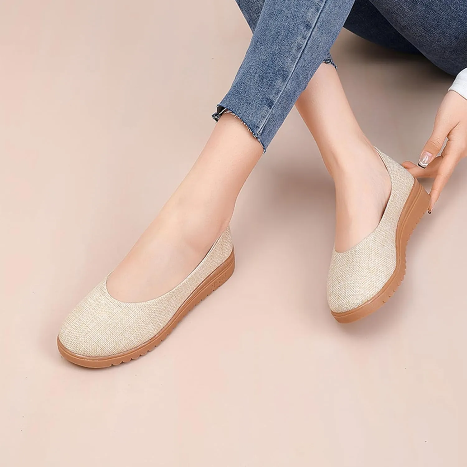 Breathable Women's Soft Elegant Linen Shoes, Lovely Wedges Casual Footwear, Comfortable Slip On Light Cloth Shoes,6,Beige