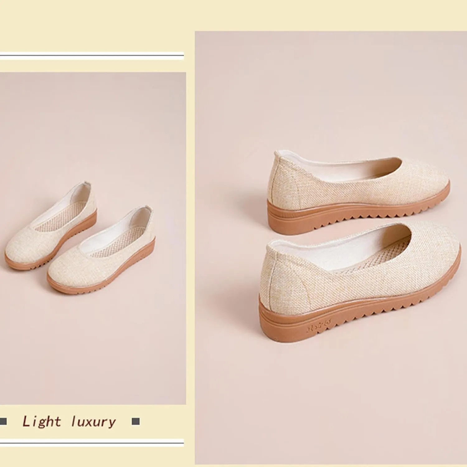 Breathable Women's Soft Elegant Linen Shoes, Lovely Wedges Casual Footwear, Comfortable Slip On Light Cloth Shoes,6,Beige