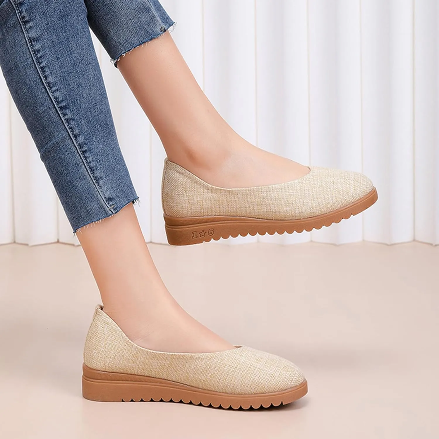 Breathable Women's Soft Elegant Linen Shoes, Lovely Wedges Casual Footwear, Comfortable Slip On Light Cloth Shoes,6,Beige