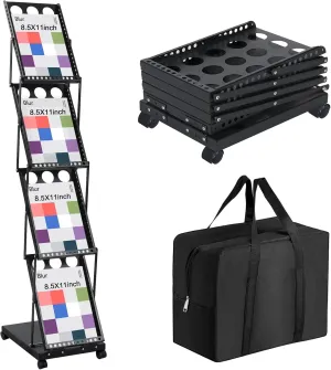 Brochure Display Stand Foldable Magazine Rack with Wheels, 4 Pockets Portable Metal Literature Rack Brochure Holder with Carrying Bag, for Exhibition Trade Show and Office Retail Store, Black