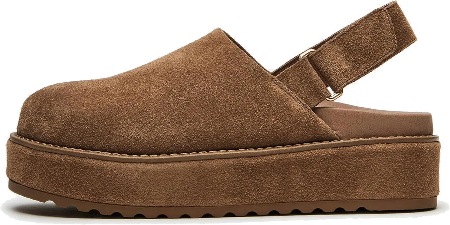 Brown Suede Platform Clogs for Women Stylish Slip On Slippers with Round Toe with Back Strap Design for Casual Comfort and Effortless Style