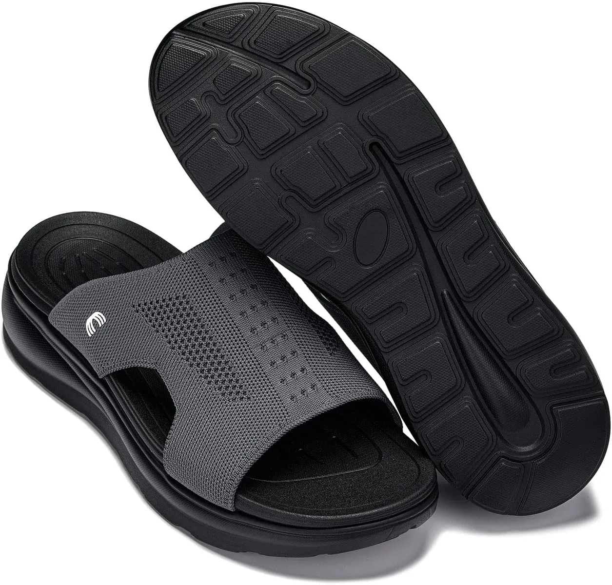 CALTO Men's Invisible Height Increasing Elevator Shoes - Black/Knitted Dark Grey Ultra Light-Weight Slip-on Comfort Sandals - 2 Inches Taller - X1658 - Size 10 D(M) US