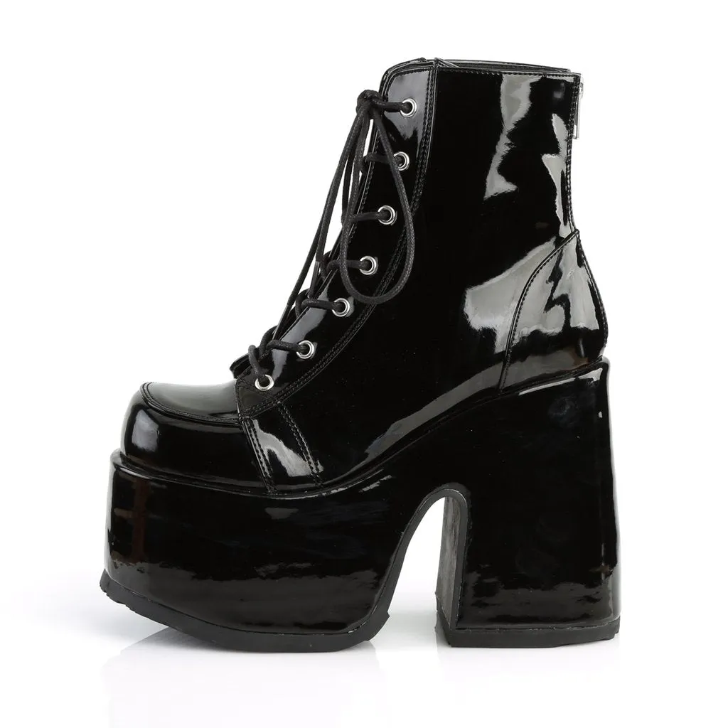 Camel-203 Black Patent Leather 5” Chunky Heel Ankle Boots