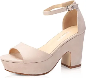 CAMSSOO Women's Platforms Wedges Sandals Suede Open toe Ankle Strap Fashion Wedding Sexy Dress Block Chunky High Heels Pumps Shoes