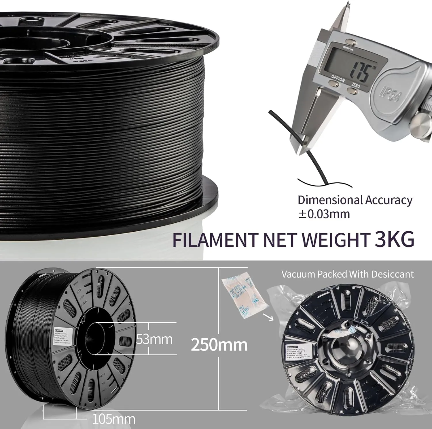 Carbon Fiber PETG Filament 1.75 mm, TINMORRY PETG CF 3D Printer Filament, Compatible with Bambu LAB, Creality K1C, QIDI MAX3, FLASHFORGE Adventurer 5M, Prusa MK4 FDM 3D Printer, 3 KG 1 Spool, Black