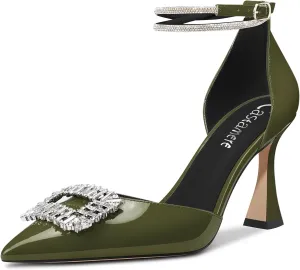 Castamere Women High Chunky Block Heel Ankle Strap Diamond Crystal Pointed Toe Pumps 3.3 Inches Heels