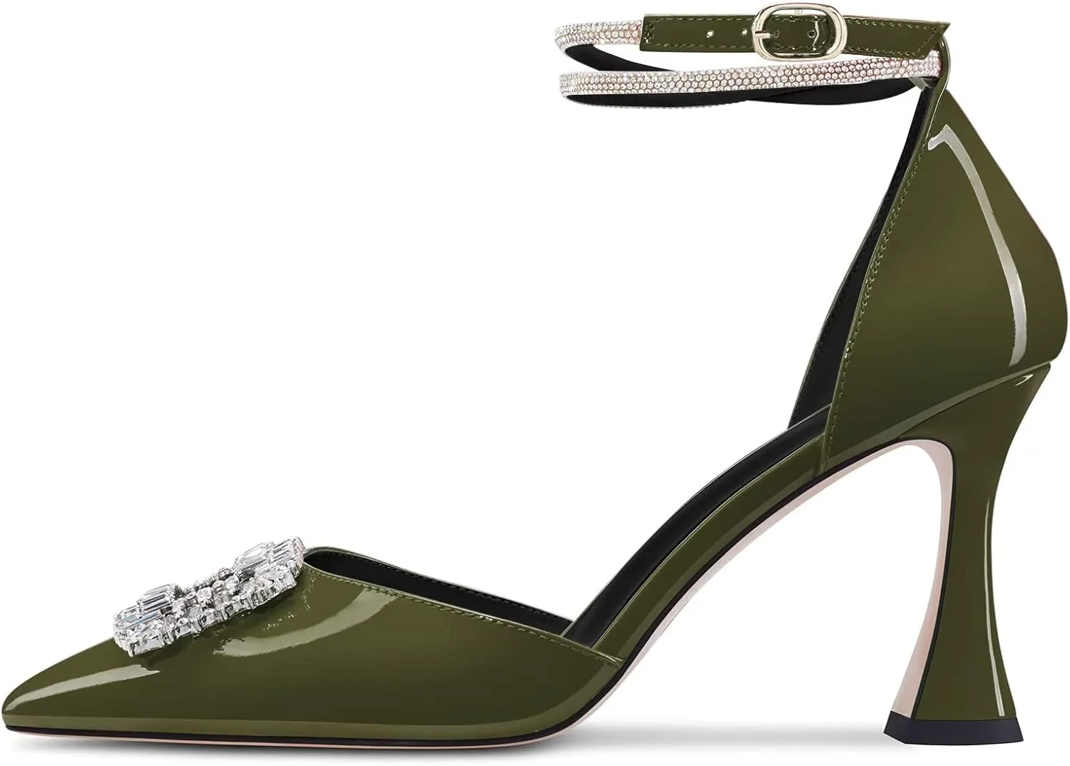 Castamere Women High Chunky Block Heel Ankle Strap Diamond Crystal Pointed Toe Pumps 3.3 Inches Heels