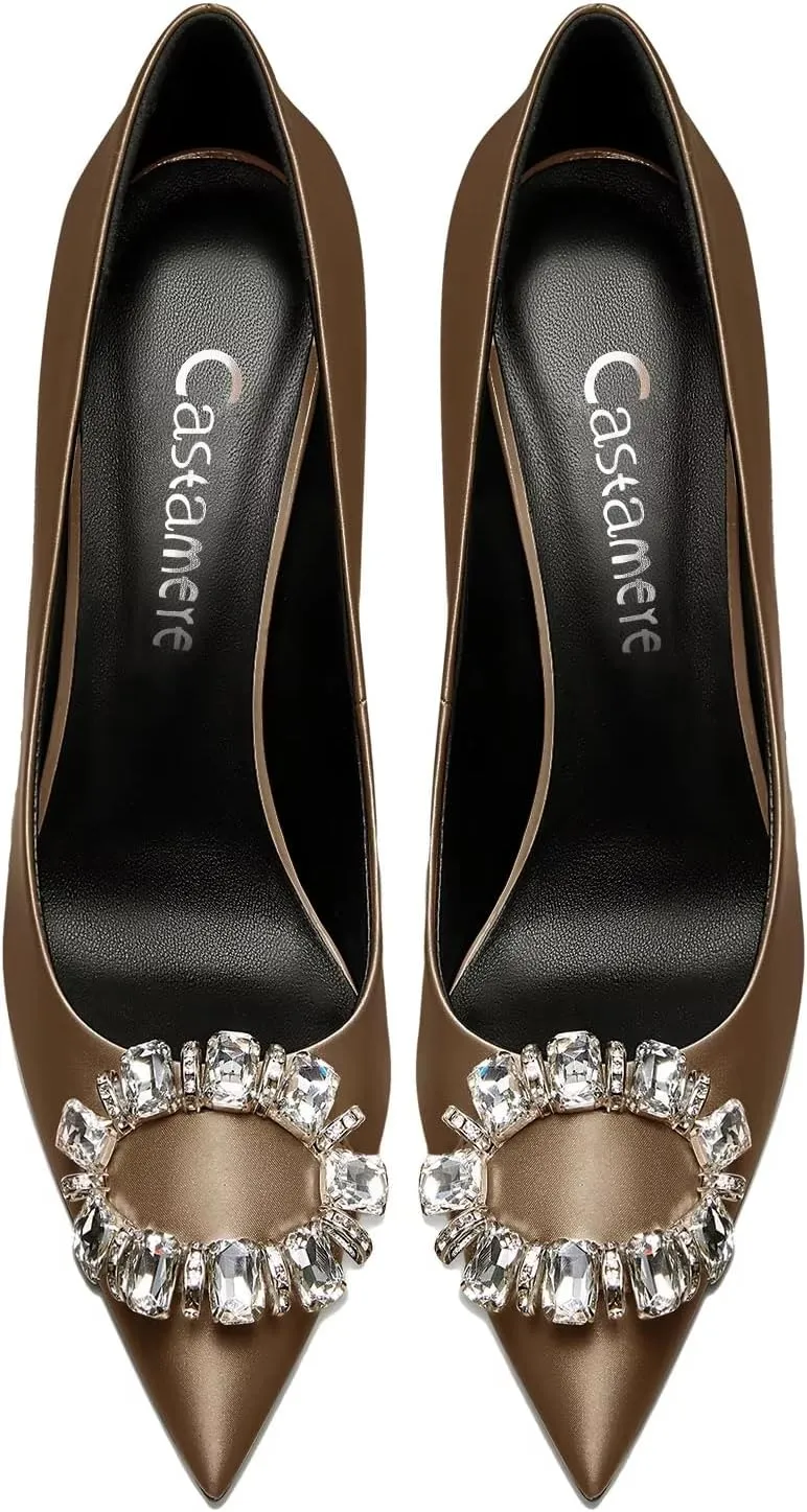 Castamere Women Stiletto High Heel Slip-on Pointed Toe Pumps Diamond Crystal Satin Wedding Prom 3.3 Inches Heels B1