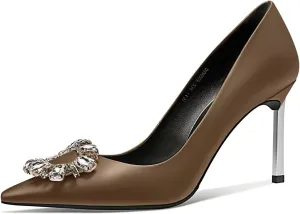 Castamere Women Stiletto High Heel Slip-on Pointed Toe Pumps Diamond Crystal Satin Wedding Prom 3.3 Inches Heels B1