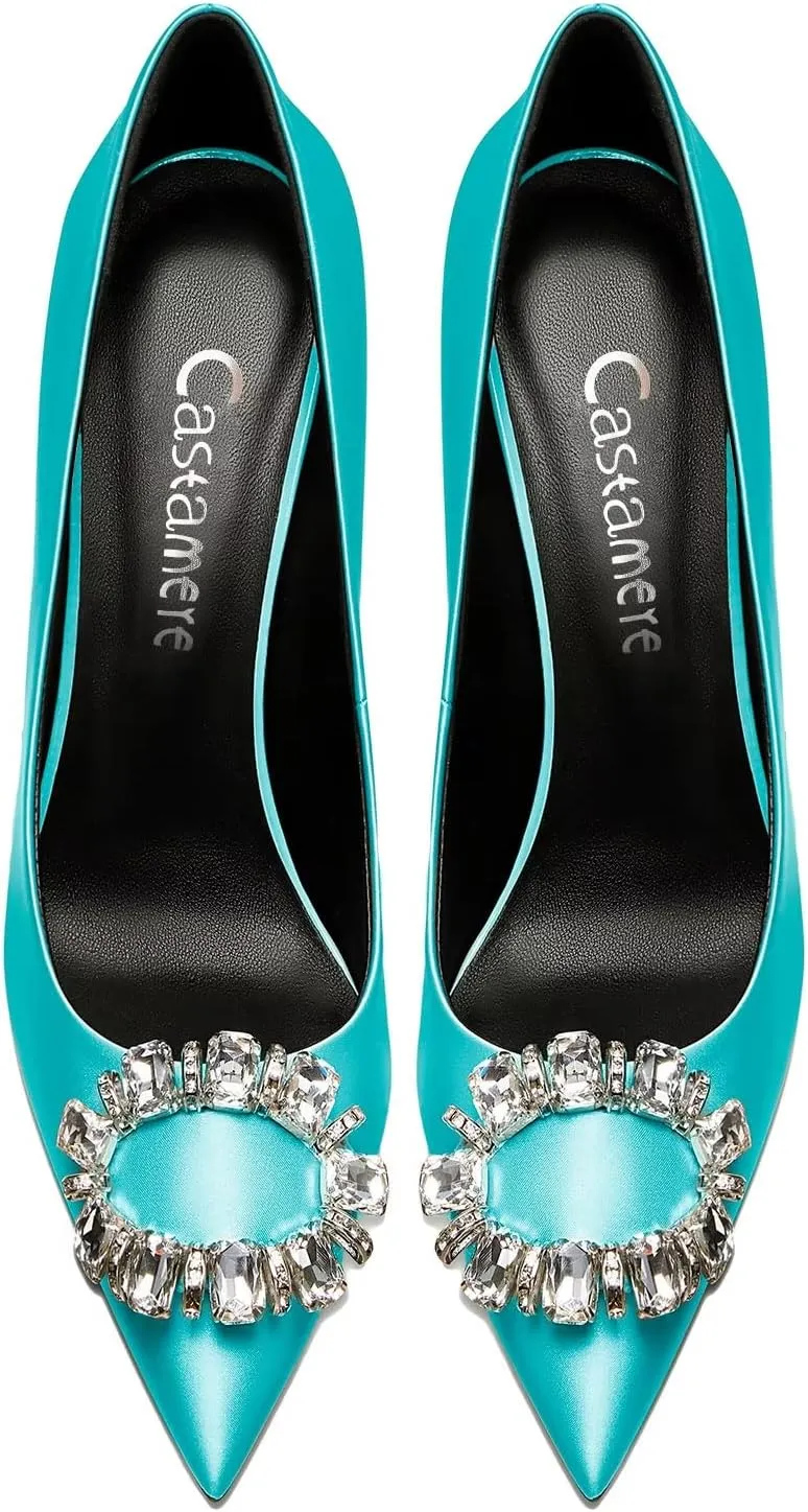 Castamere Women Stiletto High Heel Slip-on Pointed Toe Pumps Diamond Crystal Satin Wedding Prom 3.3 Inches Heels B1