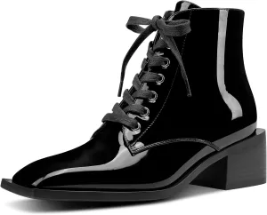 Castamere Womens Chunky Block Mid Heel Square Toe Ankle Boots Short Bootie Lace-up Zipper Office Basic Classic Patent Leather Boots