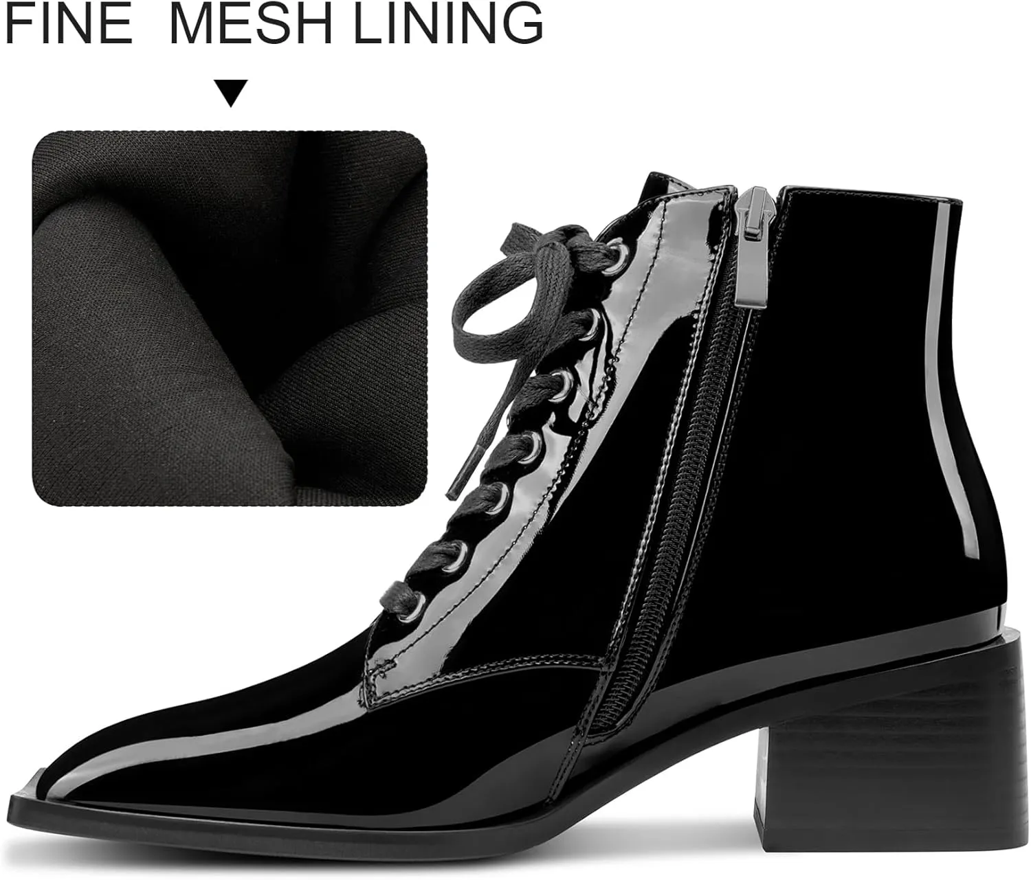 Castamere Womens Chunky Block Mid Heel Square Toe Ankle Boots Short Bootie Lace-up Zipper Office Basic Classic Patent Leather Boots