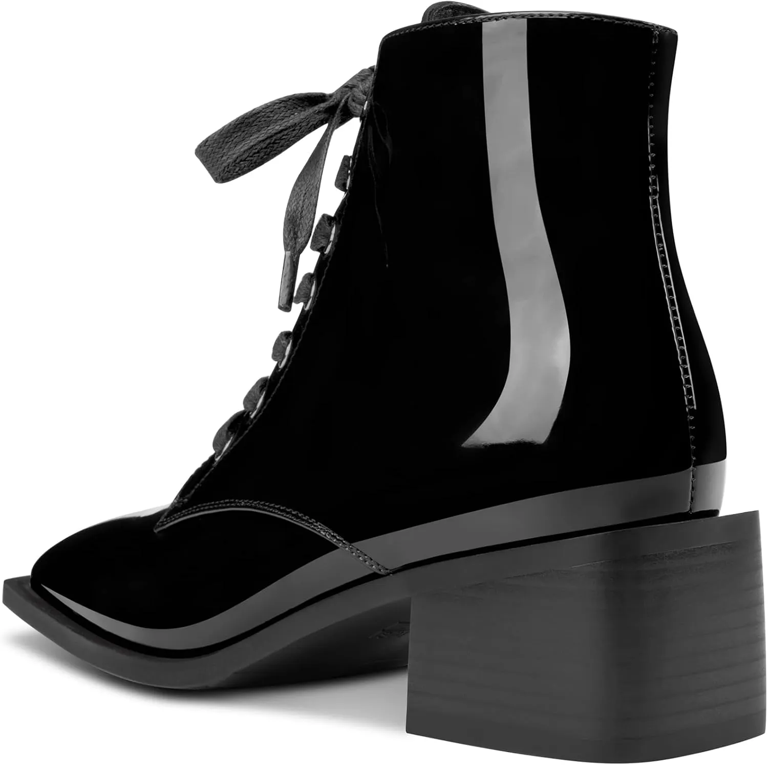 Castamere Womens Chunky Block Mid Heel Square Toe Ankle Boots Short Bootie Lace-up Zipper Office Basic Classic Patent Leather Boots