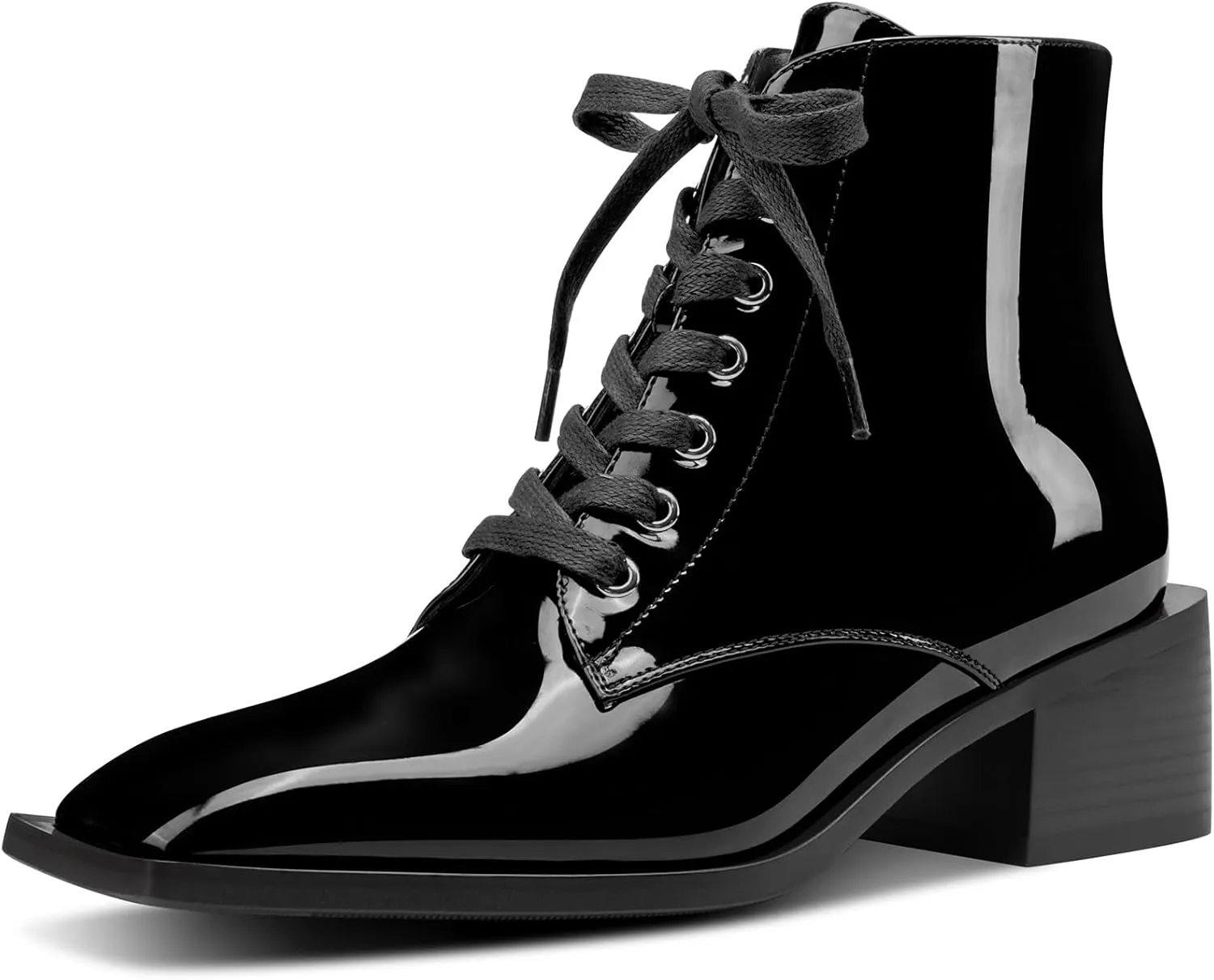 Castamere Womens Chunky Block Mid Heel Square Toe Ankle Boots Short Bootie Lace-up Zipper Office Basic Classic Patent Leather Boots
