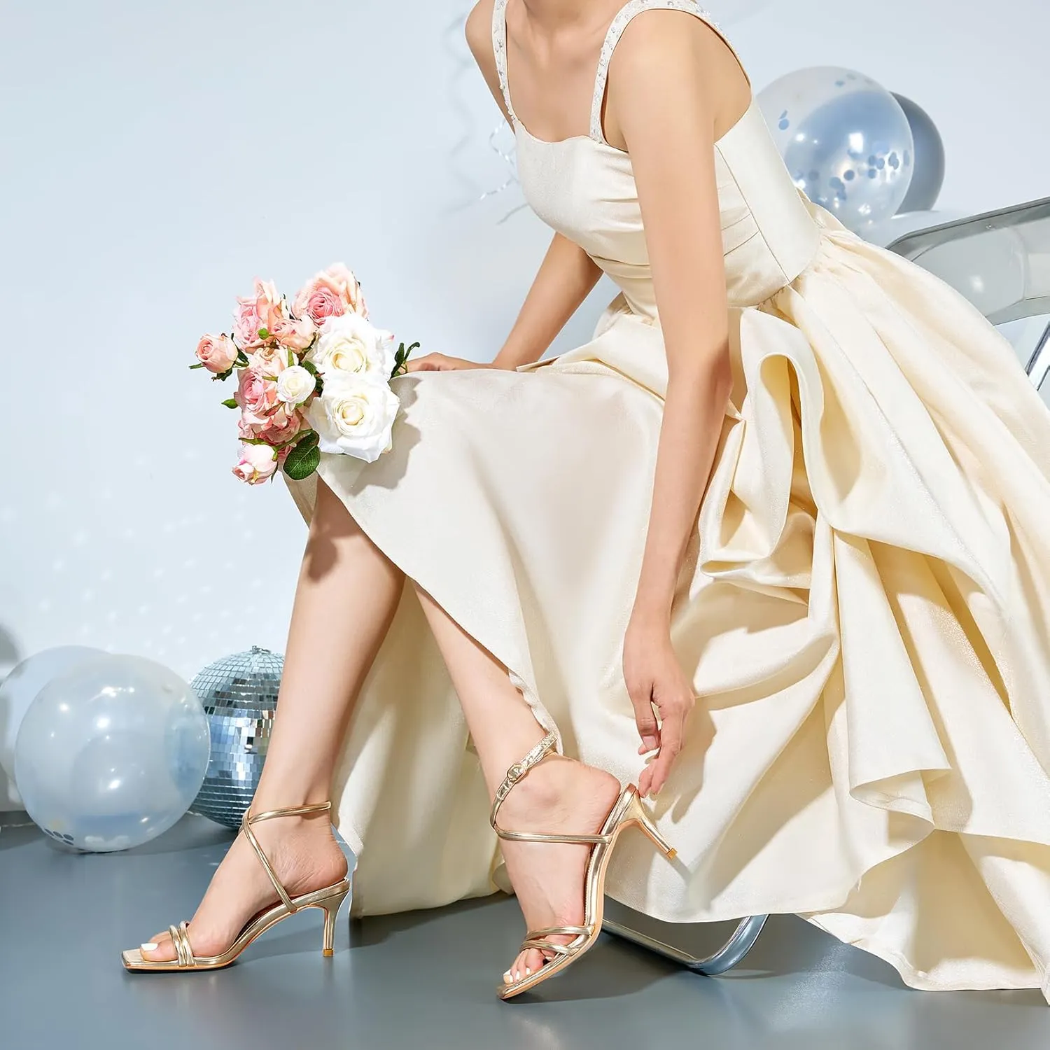 Castamere Womens Mid Kitten Heel Open Square Toe Sandals Ankle Strap Cross-Strap Prom Dress Cute Summer 2.6 Inches Heels