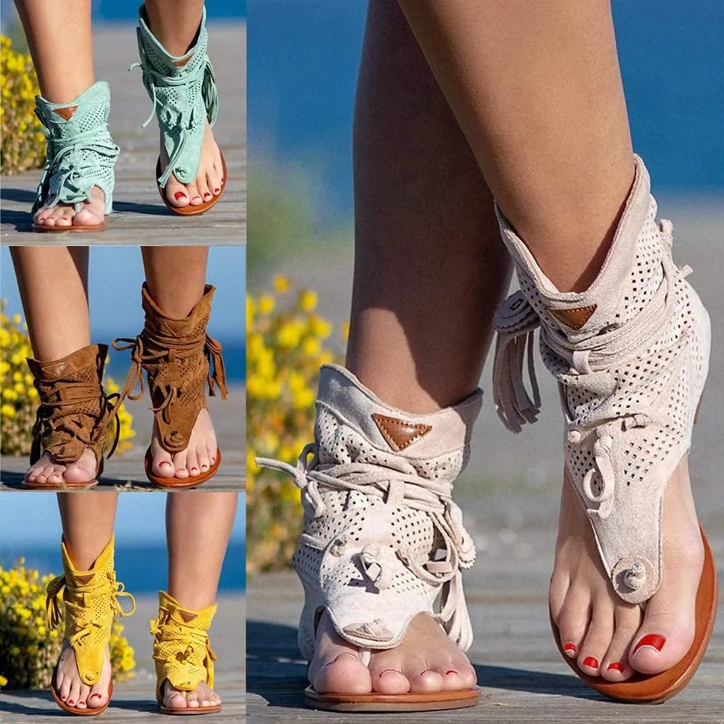 Casual Tassel Sandals for Women, Retro Bohemian Gladiator Fringe Flip-Flops Beach Sandals, Flat Clip-Toe Open-Toe T-Strap Roman Shoes