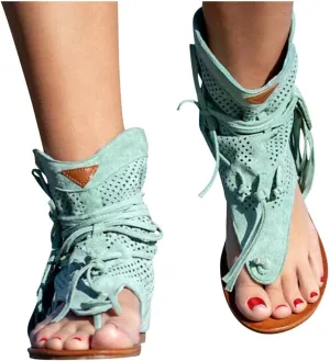 Casual Tassel Sandals for Women, Retro Bohemian Gladiator Fringe Flip-Flops Beach Sandals, Flat Clip-Toe Open-Toe T-Strap Roman Shoes