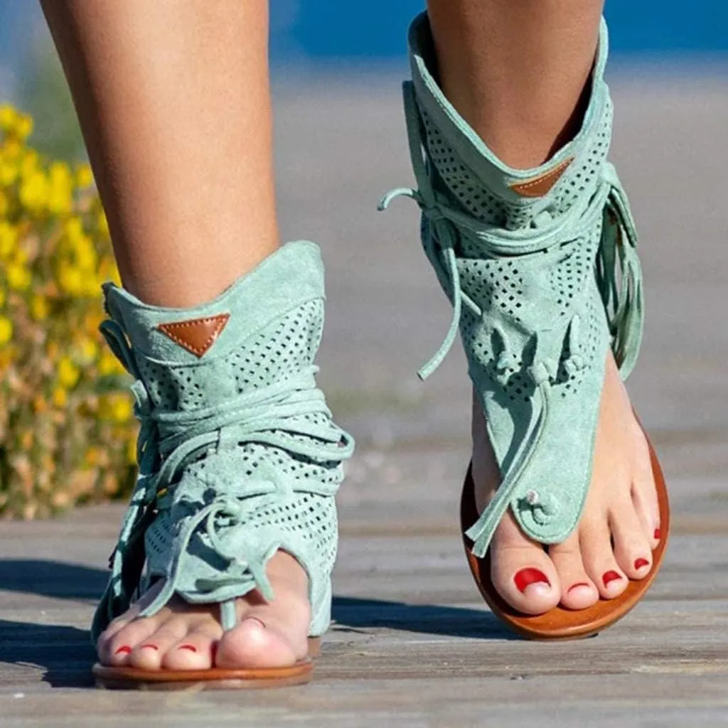 Casual Tassel Sandals for Women, Retro Bohemian Gladiator Fringe Flip-Flops Beach Sandals, Flat Clip-Toe Open-Toe T-Strap Roman Shoes