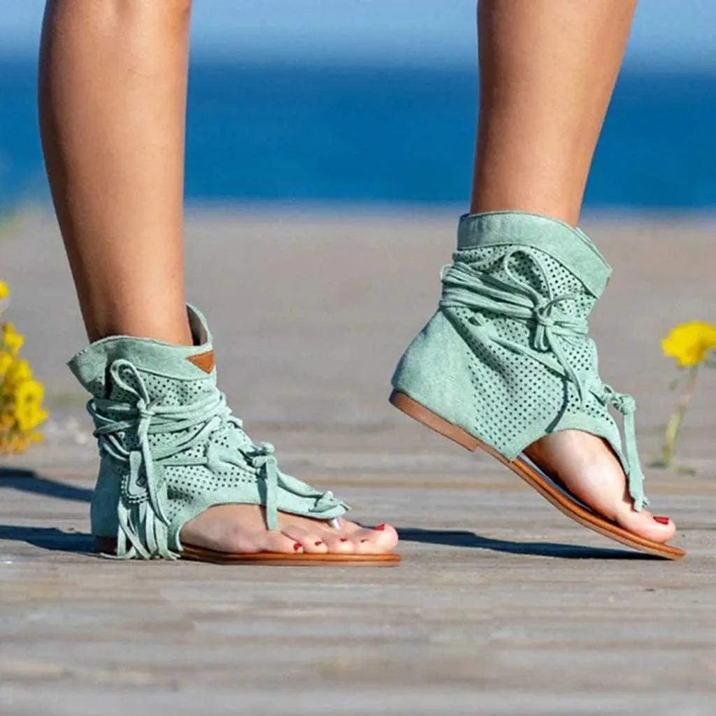 Casual Tassel Sandals for Women, Retro Bohemian Gladiator Fringe Flip-Flops Beach Sandals, Flat Clip-Toe Open-Toe T-Strap Roman Shoes