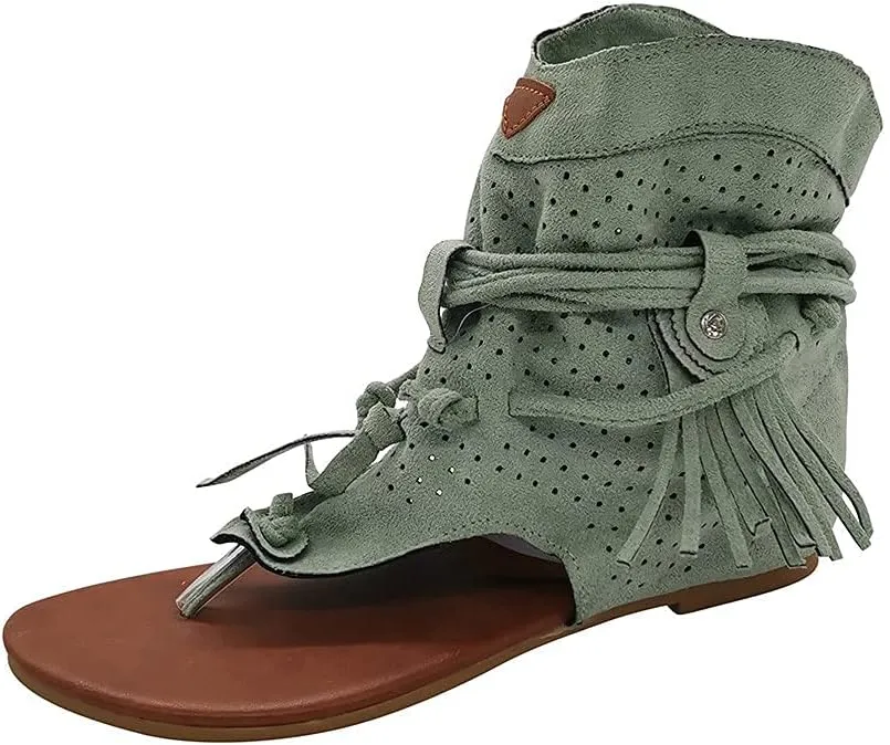 Casual Tassel Sandals for Women, Retro Bohemian Gladiator Fringe Flip-Flops Beach Sandals, Flat Clip-Toe Open-Toe T-Strap Roman Shoes