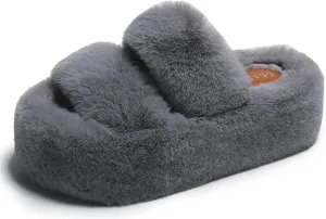 ChayChax Women Fluffy Platform Slippers Double Strap Memory Foam House Shoes Open Toe Soft Fuzzy Indoor Outdoor Slides with Non Slip Rubber Sole