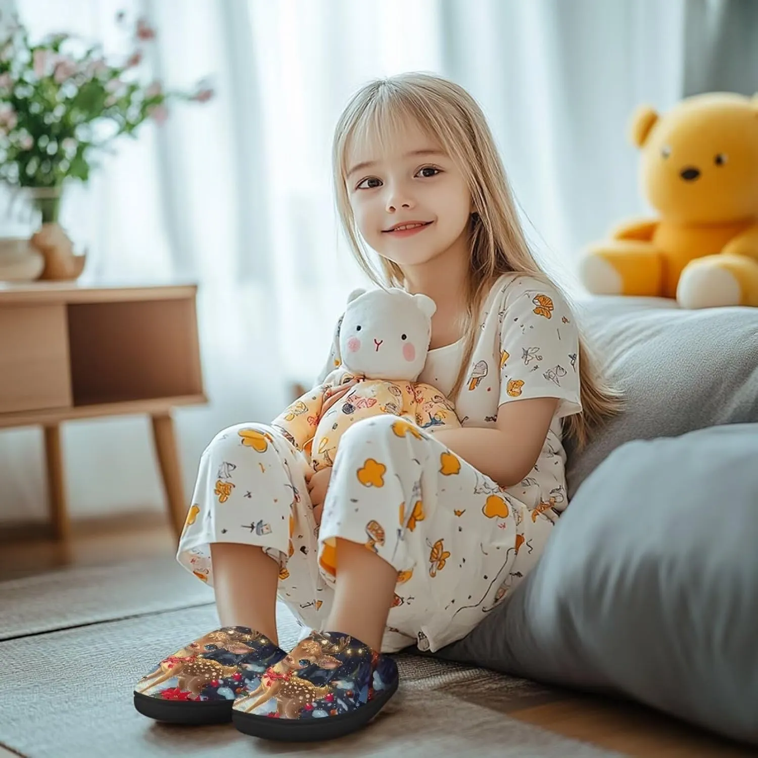 Christmas Kids Fuzzy Warm House Slippers for Girls Non Slip Rubber Sole Home Slippers for Toddlers Size 9-15