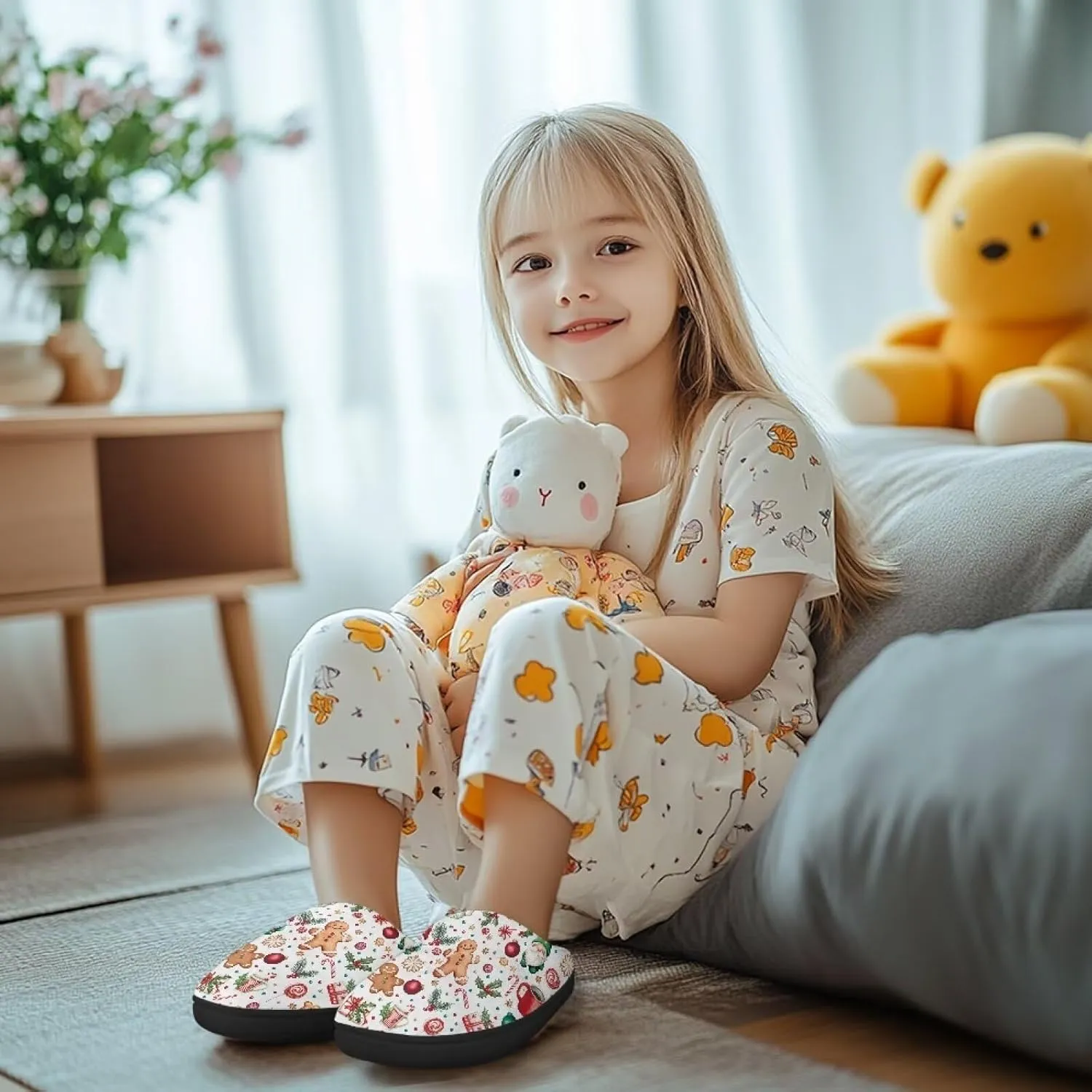 Christmas Kids Fuzzy Warm House Slippers for Girls Non Slip Rubber Sole Home Slippers for Toddlers Size 9-15