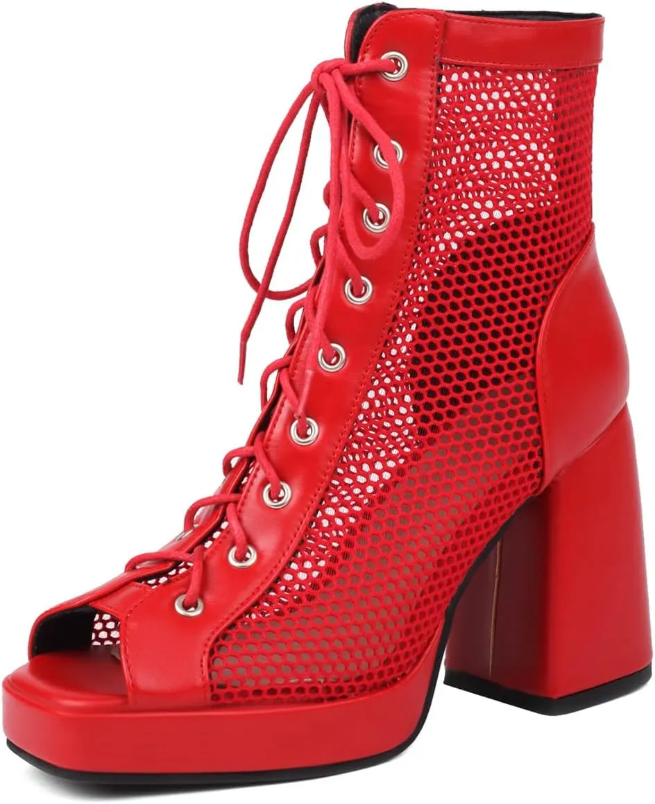 Chunky Heel Peep Toe Booties for Women Platform Heel Mesh Booties Summer Open Toe Booties