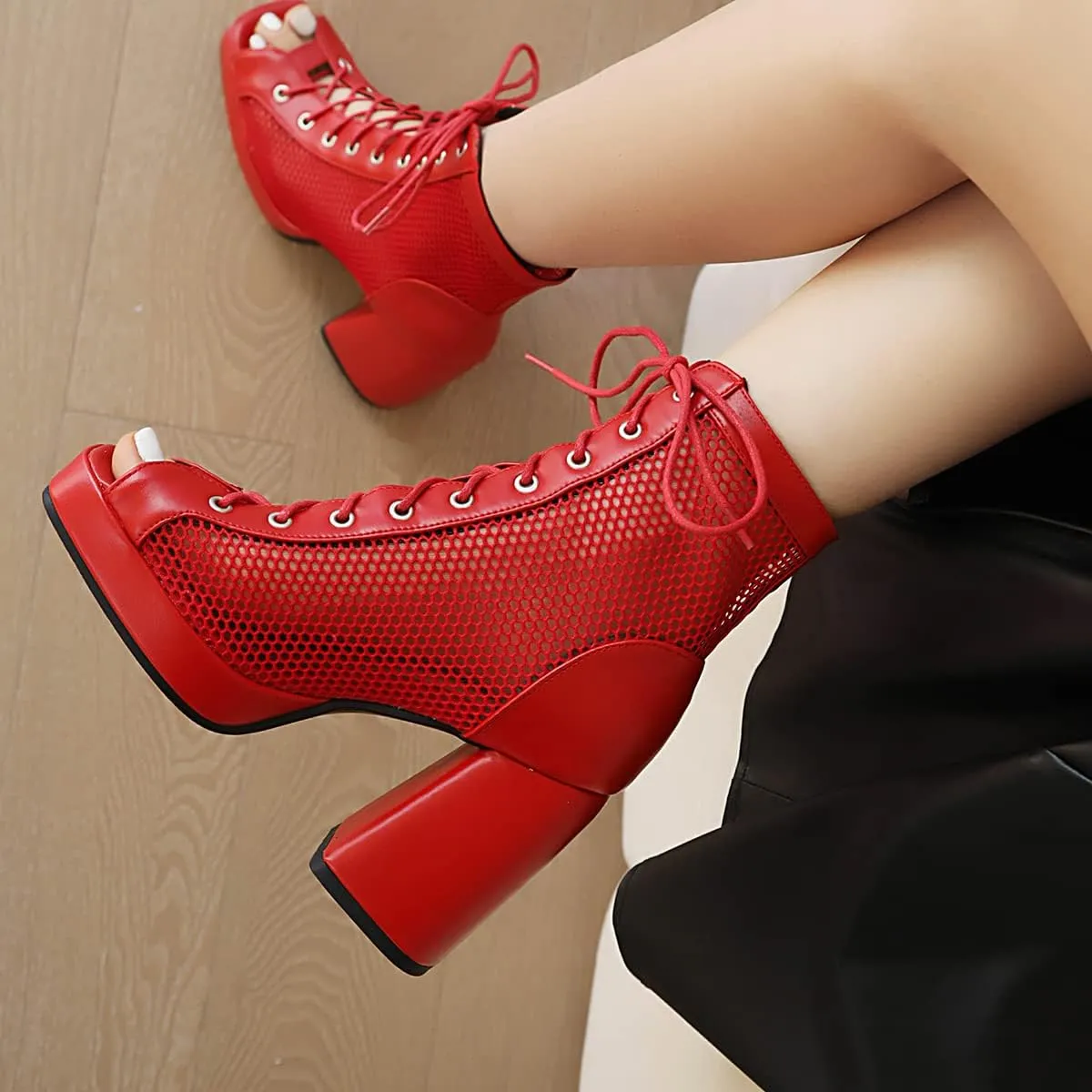 Chunky Heel Peep Toe Booties for Women Platform Heel Mesh Booties Summer Open Toe Booties