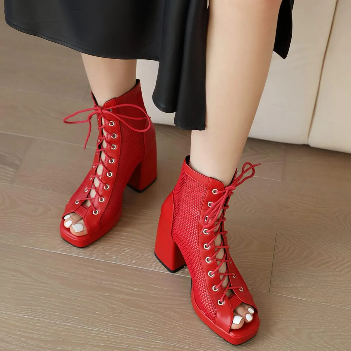 Chunky Heel Peep Toe Booties for Women Platform Heel Mesh Booties Summer Open Toe Booties