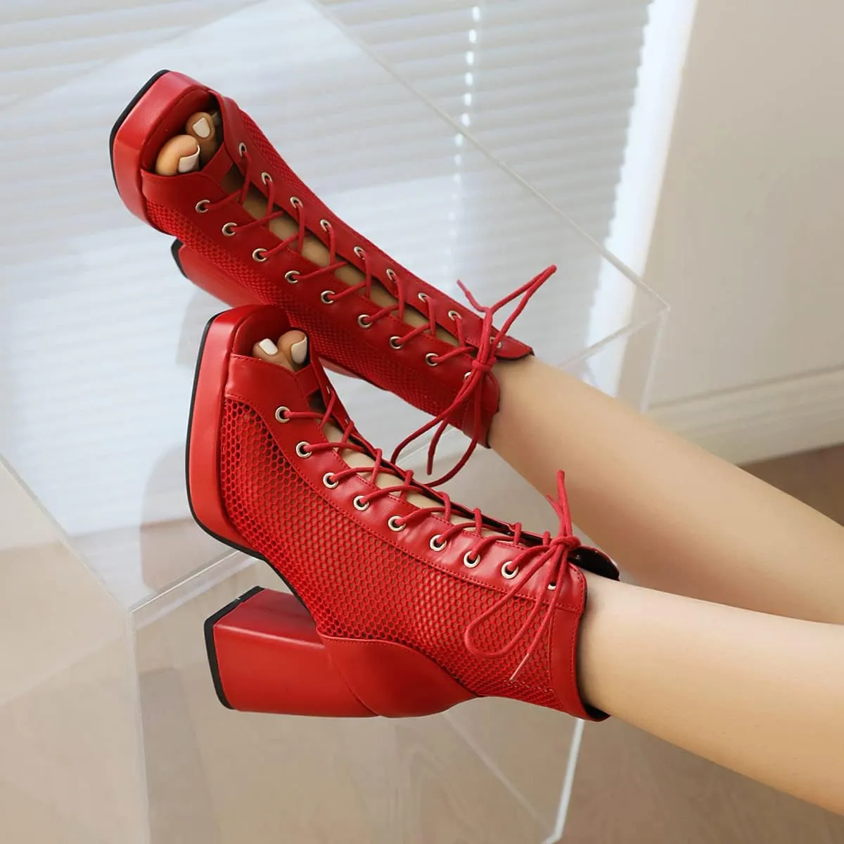 Chunky Heel Peep Toe Booties for Women Platform Heel Mesh Booties Summer Open Toe Booties