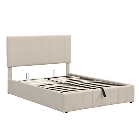 Churanty Hydraulic Storage Bed Frames Full Size Platform Bed with Upholstered Headboard,Beige