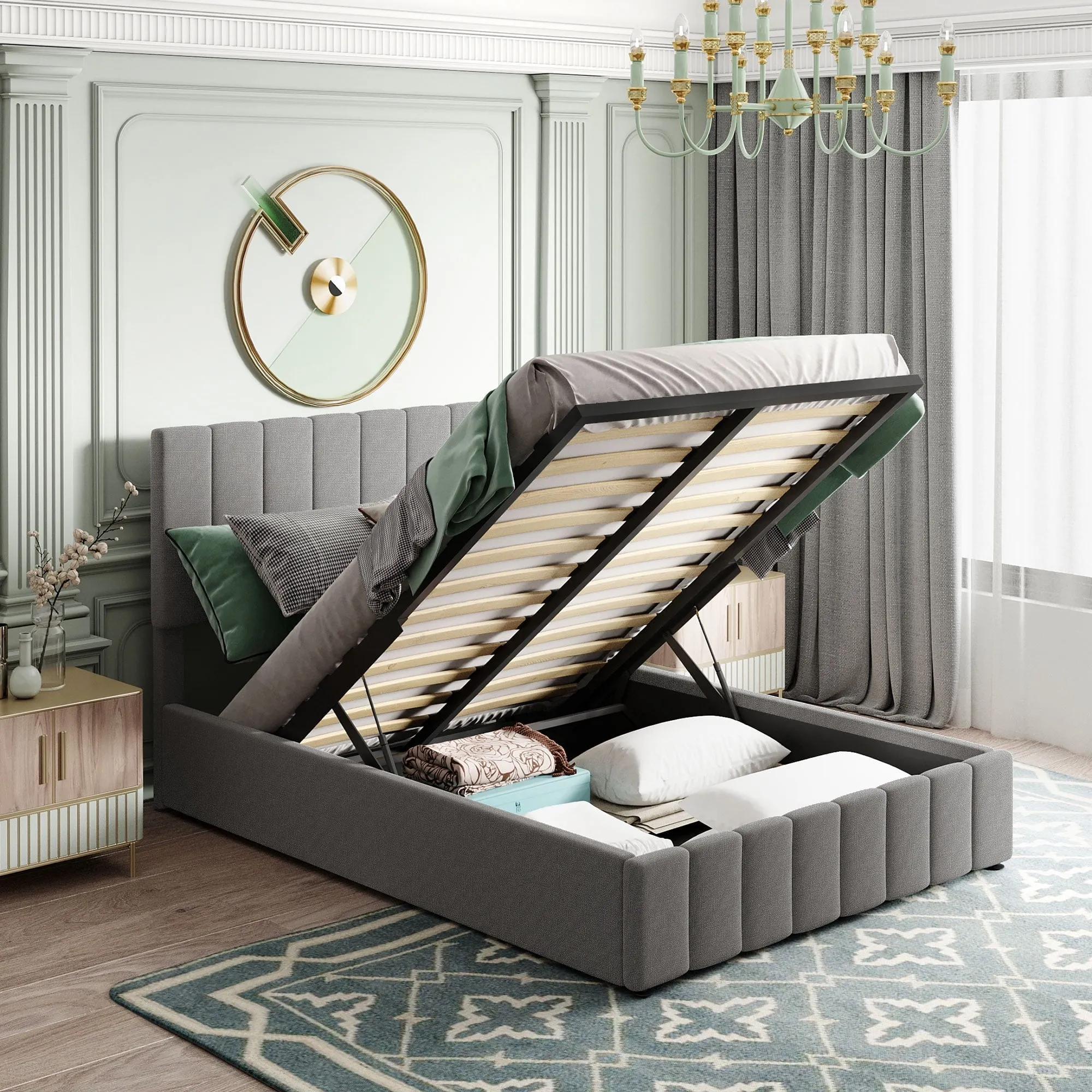 Churanty Hydraulic Storage Bed Frames Full Size Platform Bed with Upholstered Headboard,Beige