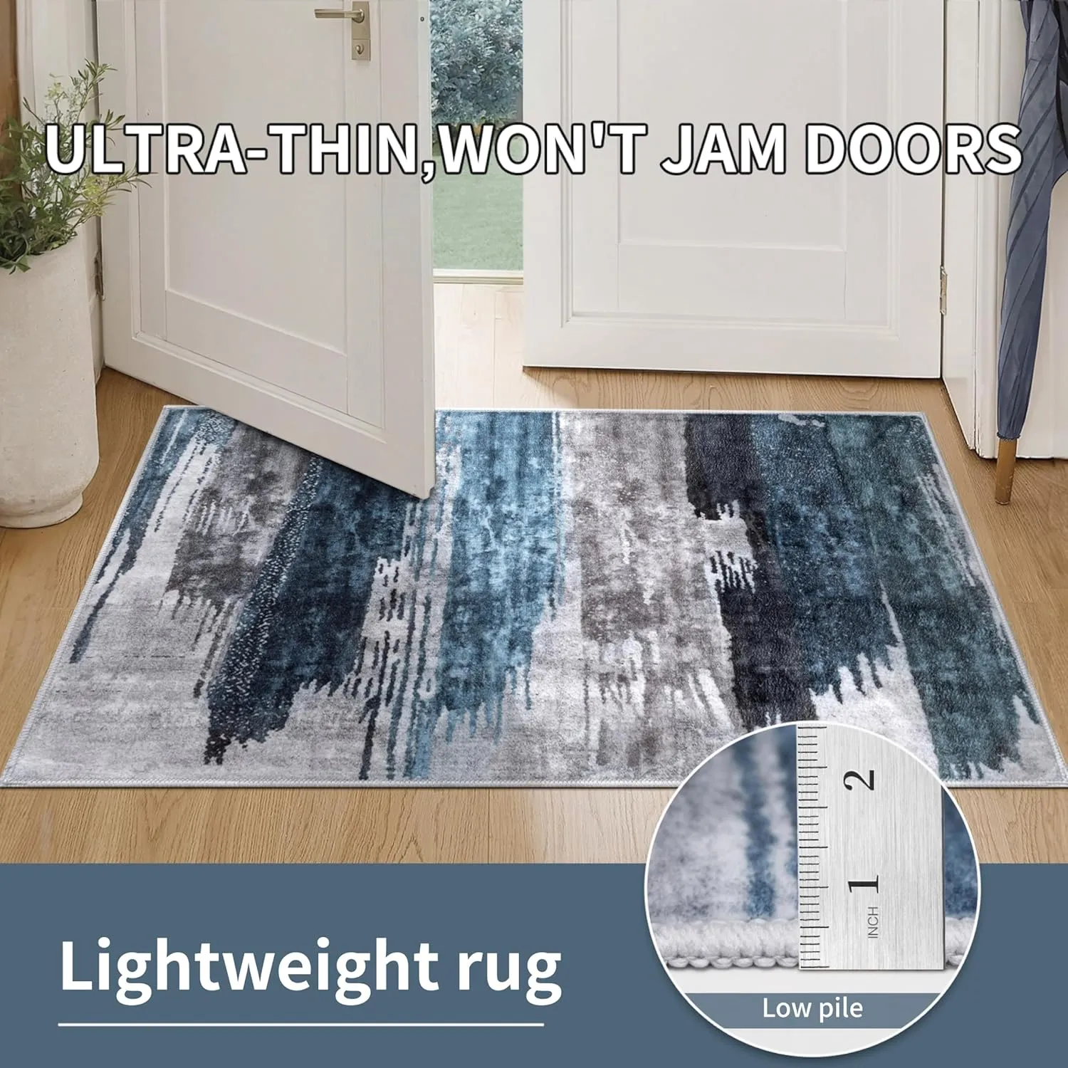 Ciicool 2x6 Washable Runner Rug, Modern Abstract Hallway Rugs Runner, Non-Slip Thin Accent Rug Lightweight Navy Grey Print Distressed Carpet for Laundry Entryway Bedroom Kitchen Bathroom Indoor