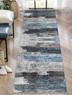 Ciicool 2x6 Washable Runner Rug, Modern Abstract Hallway Rugs Runner, Non-Slip Thin Accent Rug Lightweight Navy Grey Print Distressed Carpet for Laundry Entryway Bedroom Kitchen Bathroom Indoor