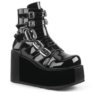 Concord-57 black patent leather 4 1/4" platform ankle boots w/ multi buckle strap detail