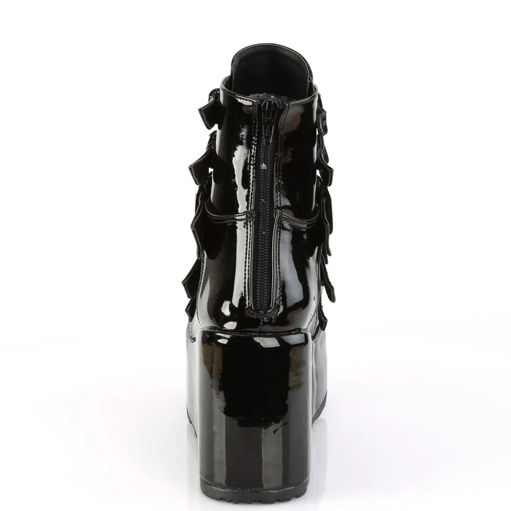 Concord-57 black patent leather 4 1/4" platform ankle boots w/ multi buckle strap detail