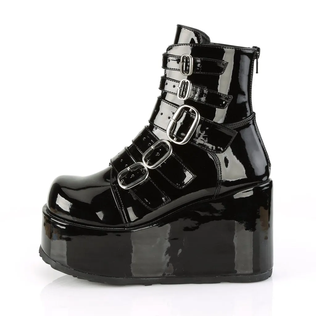 Concord-57 black patent leather 4 1/4" platform ankle boots w/ multi buckle strap detail