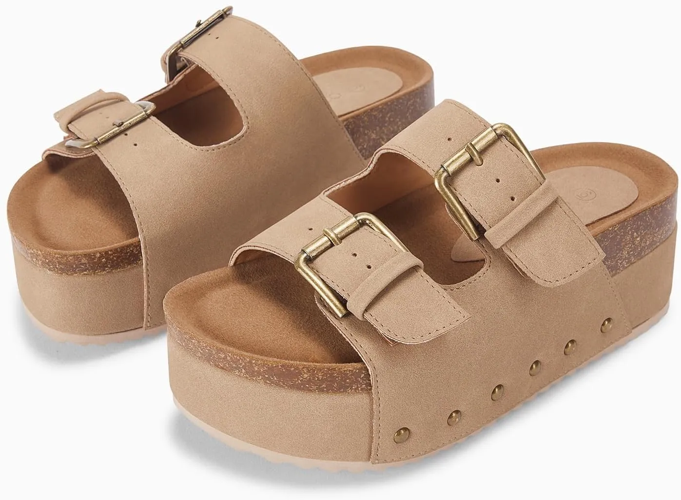 Coutgo Women's Cork Platform Sandals Slip on Mules and Clogs Double Buckle Straps Summer Shoes