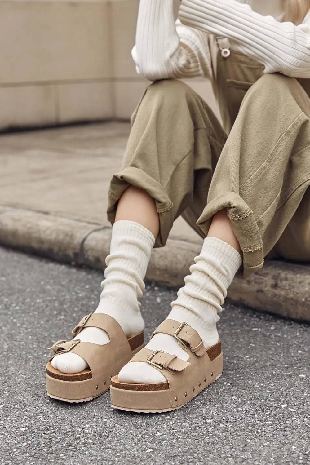 Coutgo Women's Cork Platform Sandals Slip on Mules and Clogs Double Buckle Straps Summer Shoes