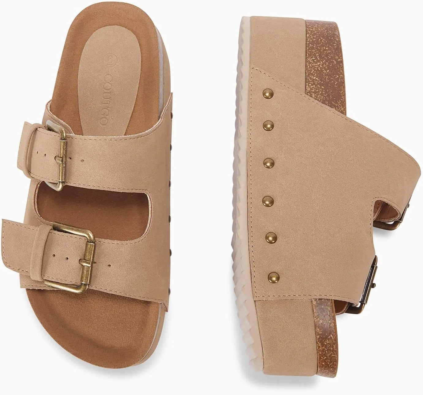 Coutgo Women's Cork Platform Sandals Slip on Mules and Clogs Double Buckle Straps Summer Shoes