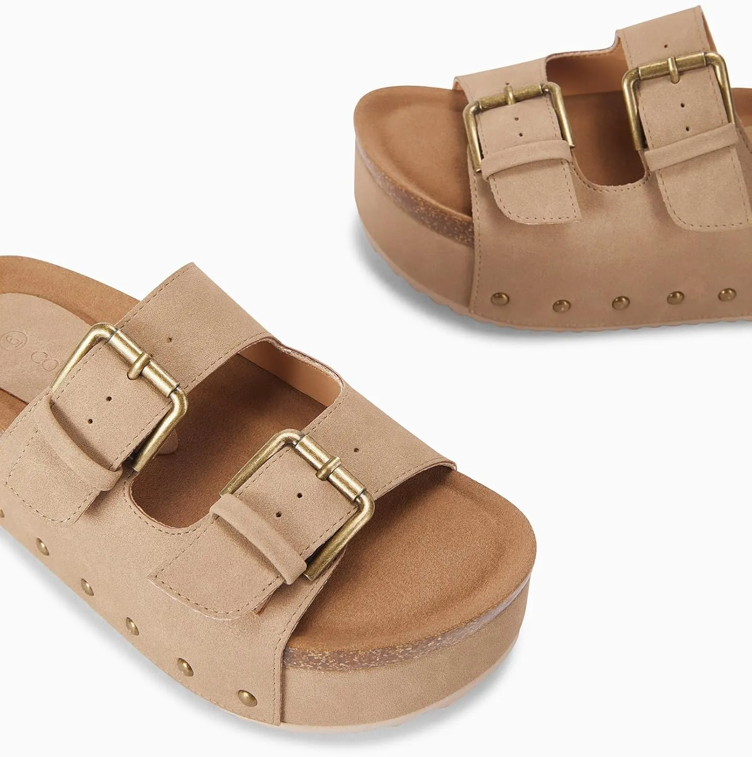 Coutgo Women's Cork Platform Sandals Slip on Mules and Clogs Double Buckle Straps Summer Shoes