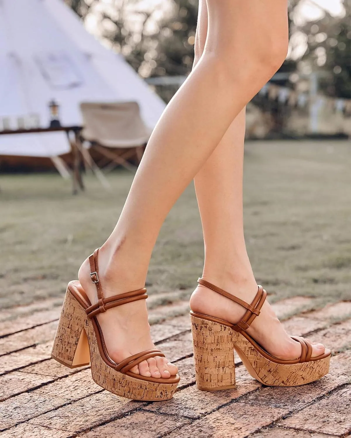 Coutgo Womens Cork Wedge Sandals Heels Open Toe High Heel Platform Slingback Ankle Strap Buckle Summer Dressy Shoes