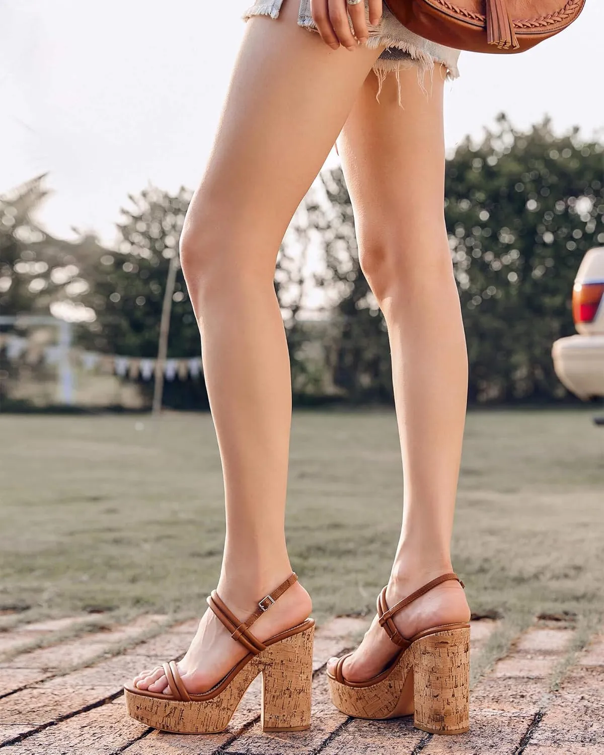 Coutgo Womens Cork Wedge Sandals Heels Open Toe High Heel Platform Slingback Ankle Strap Buckle Summer Dressy Shoes