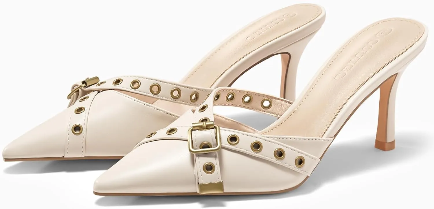 Coutgo Womens High Heels Mules Studded Slip On Mule Sandals Backless Buckle Dress Shoes Closed Pointed Toe Pumps